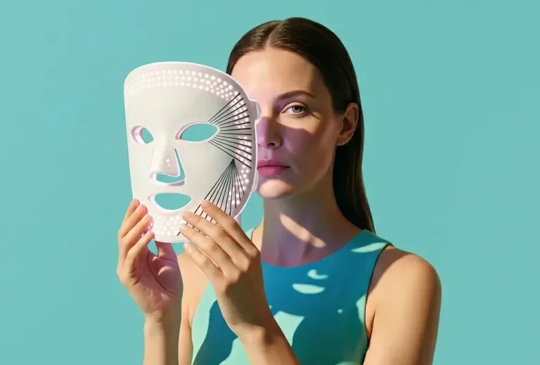 femme tenant un masque led devant son visage