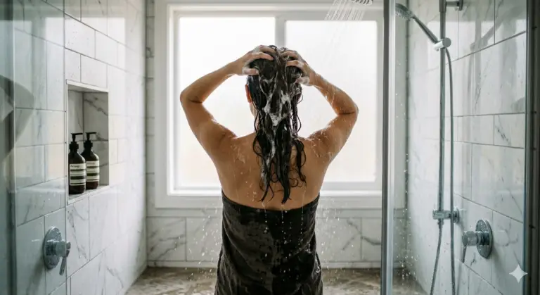 femme de dos qui se lave les cheveux