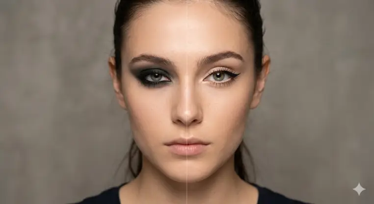 femme avec un make up qui rétrécit le regard d'un côté et un maquillage qui agrandit le regard de l'autre