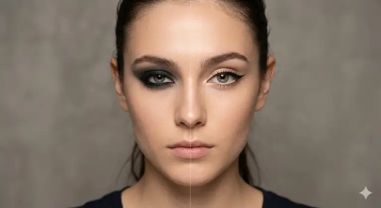 femme avec un make up qui rétrécit le regard d'un côté et un maquillage qui agrandit le regard de l'autre
